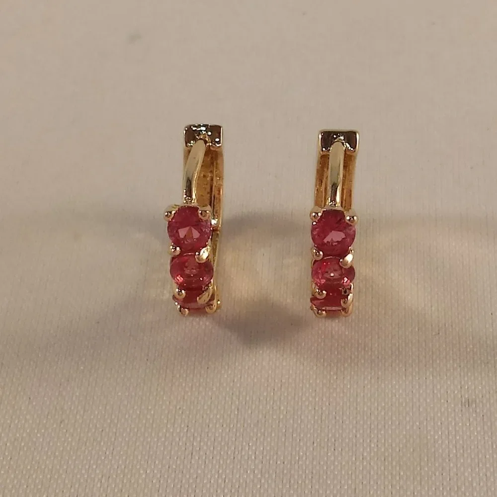 18K Yellow Gold Filled Small Ruby Red Diamond Zircon Hoop Huggie Earrings Gift